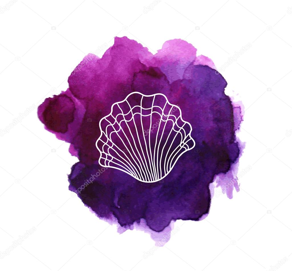 Sea shell on bright purple watercolor stain