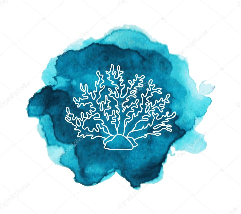 Underwater ocean and aquarium coral icon. Coral on the blue watercolor stain