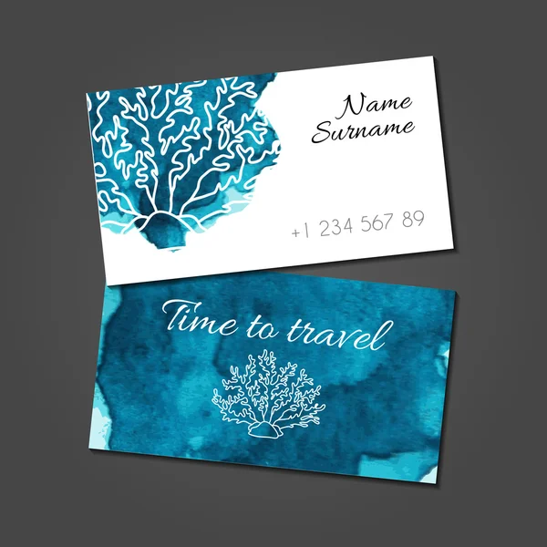 Business card with coral on blue watercolor stain — Stockvector
