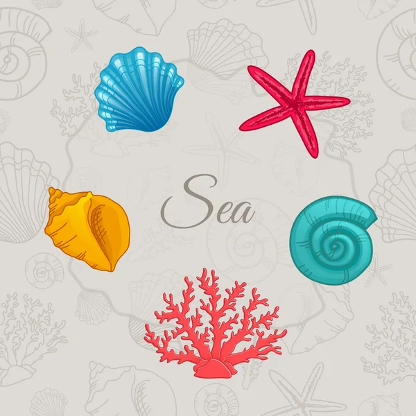 Set of colorful seashells with seamless pattern — Stock Vector