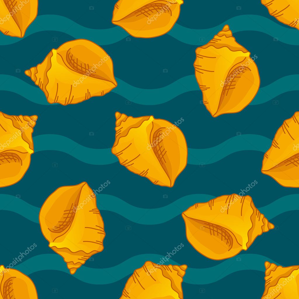Seamless patterns with seashells. Light background with waves. Vector illustration can be used for fills, prints, web, surface, textile, wrapping paper