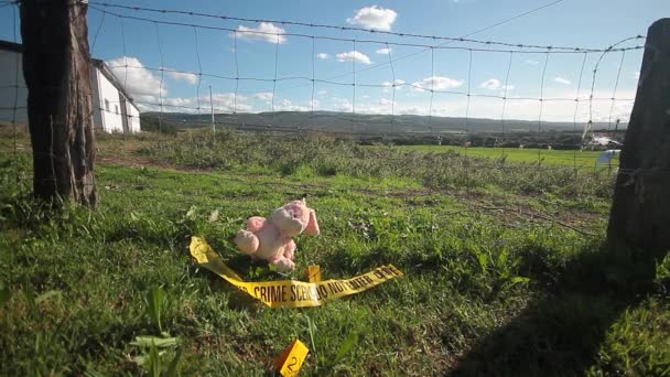 Sarı bant, CSI kanıtı ve peluş bir tavşanla kaçırılan çocuk. — Stok video