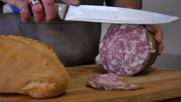 Closeup Italian Sopressa Salami Homemade Bread Knife Being Cut — Stock Video