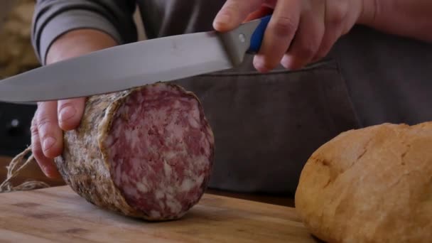 Closeup Italian Sopressa Salami Homemade Bread Knife Being Cut — Stock Video