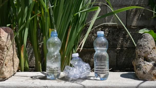 Drie flessen water, waarvan er één verfrommeld is. één is gevuld met water — Stockvideo