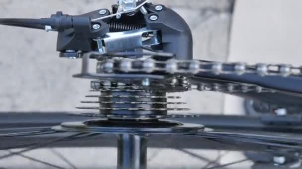 Close-up of the rear or front chain shift chainring adjustment of a MTB mountain bike — Stock Video