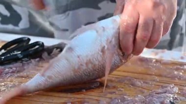 Balıklar masada bıçak ve balık makasıyla temizleniyor.,