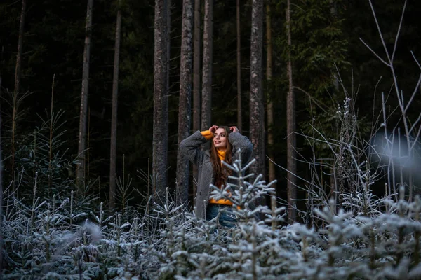 Belle jeune femme dans les bois d'hiver. Vêtements chauds — Photo