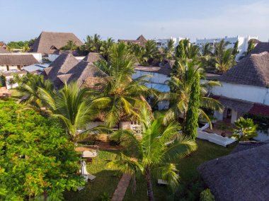 Yeşil palmiye ağaçlarının arkasındaki kumlu plajın yakınındaki bir otelde hava manzarası. Afrika, Zanzibar 'da Hint Okyanusu kıyıları