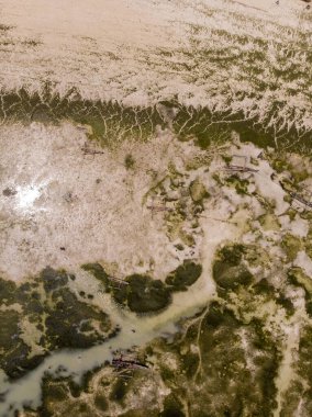 Sualtı deniz yosununun alçak gelgit üzerindeki hava görüntüsü. Deniz Dibi Jambiani, Zanzibar, Tanzanya 'da Deniz Otu ile kaplandı