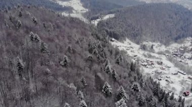 Dağlık bir köyün kışın karla kaplı tepeleri ve Çam Ormanı 'nı gösteren hava manzarası. Yaremche, Ukrayna. Karlı tepelerin ve küçük ahşap evlerin üzerinde uçuyorlar. Kırsal, köknar ağacı. Drone görünümü.