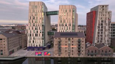 Dublin Docks from above. Google offices in Southside docks in Dublin, Ireland. Googles European headquarters. High quality 4k footage