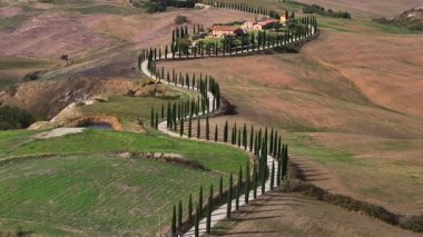 Tipik Toskana hava manzarası. İtalyan Tepe Bölgesi 'nin üzerinde havadan çekilmiş bir video. Bir günde selvi ile dolambaçlı bir yol. Yüksek kalite 4k görüntü