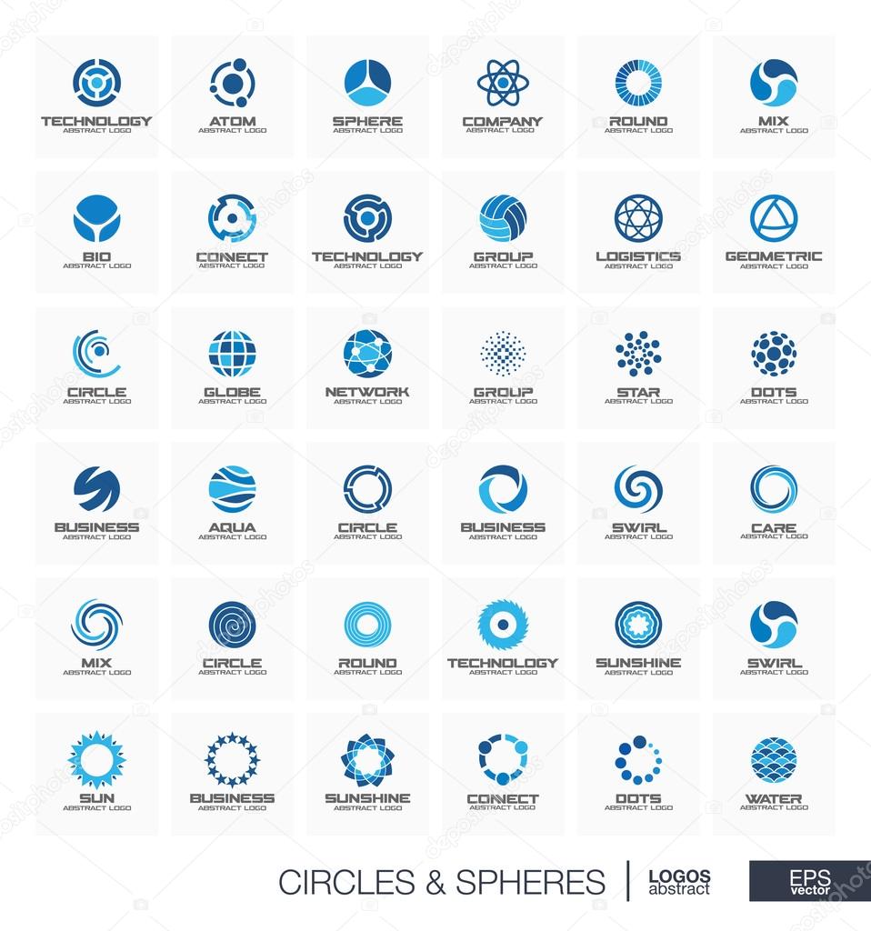 Abstract geometric logo set for business company. Corporate identity design elements. Orbit, atom, roll wheel, segment connect concept. Radius, Sphere, Circle, Globe logotype collection. Vector icons
