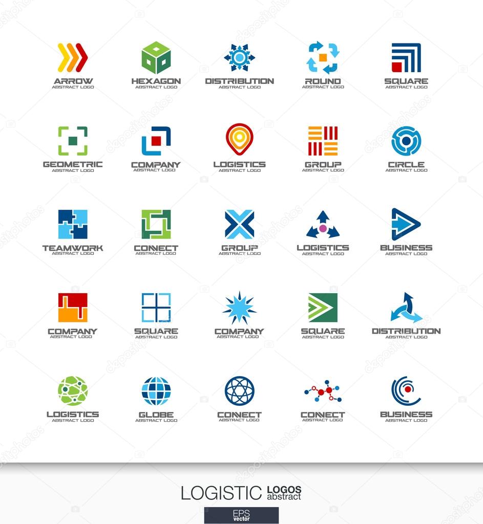 Abstract logo set for business company. Corporate identity design elements. Export, transport, delivery and distribution concepts. Logistic, shipping logotype collection. Colorful Vector icons