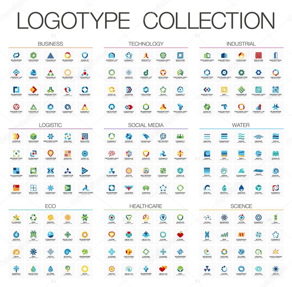 Abstract logo set for business company. Corporate identity design elements. Technology, Eco, Science, Healthcare concepts. Industrial, Logistic, Social Media Logotype collection. Colorful Vector icons