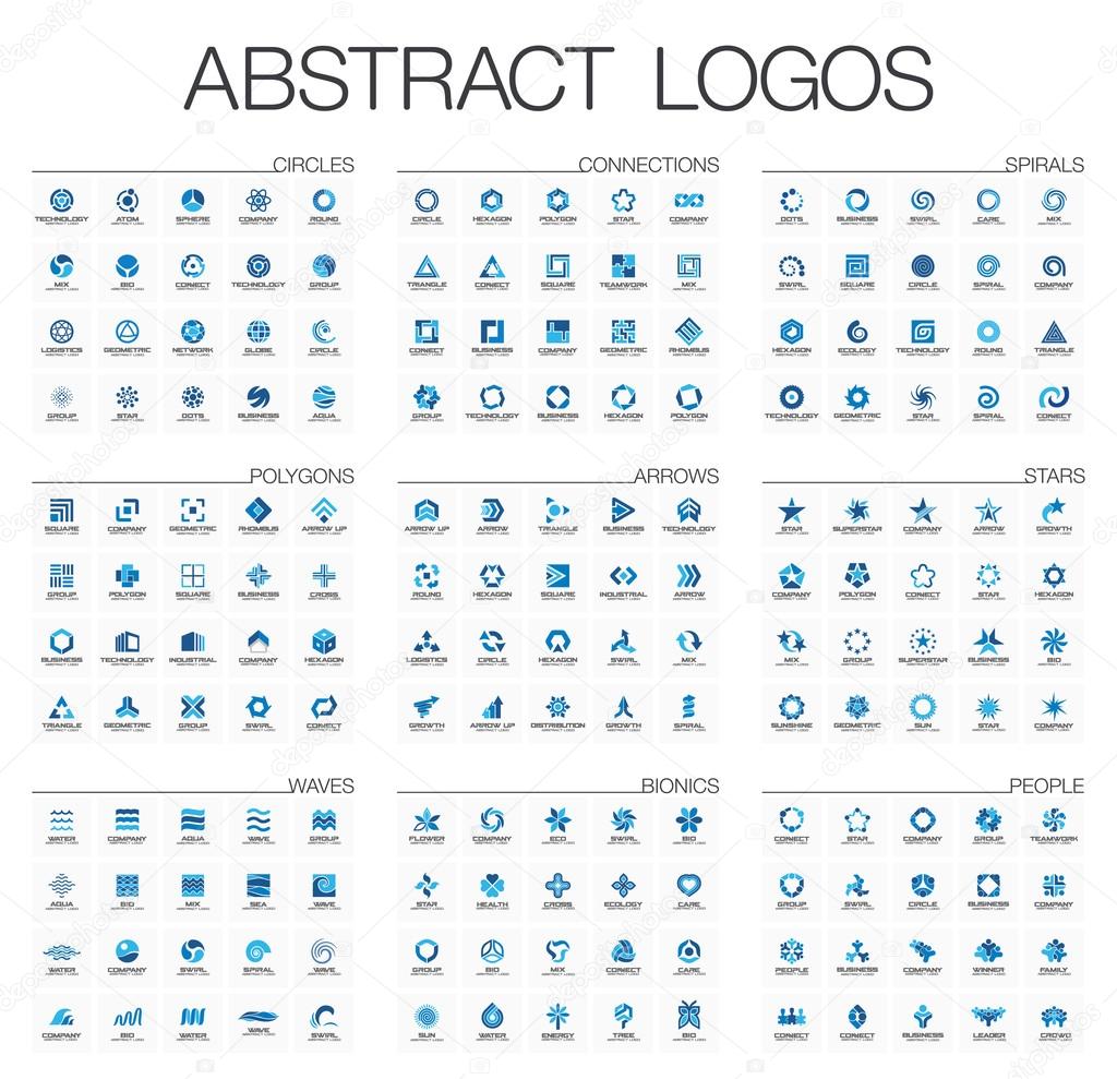 Abstract logo set for business company. Corporate identity design elements. Star, arrow, water wave, people connect concept. Circle, polygon, square, spiral logotype collection. Colorful Vector icons