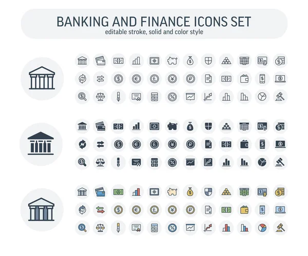 Vector Editable stroke, solid, color style icons set with banking and finance outline symbols. — Stock Vector