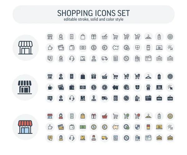 Vector Editable stroke, solid, color style icons set with shopping and e-commerce outline symbols. — Stockový vektor