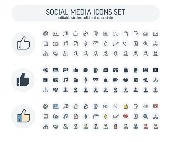 Vector Editable stroke, solid, color style icons set with social media, network outline symbols. — Stock Vector