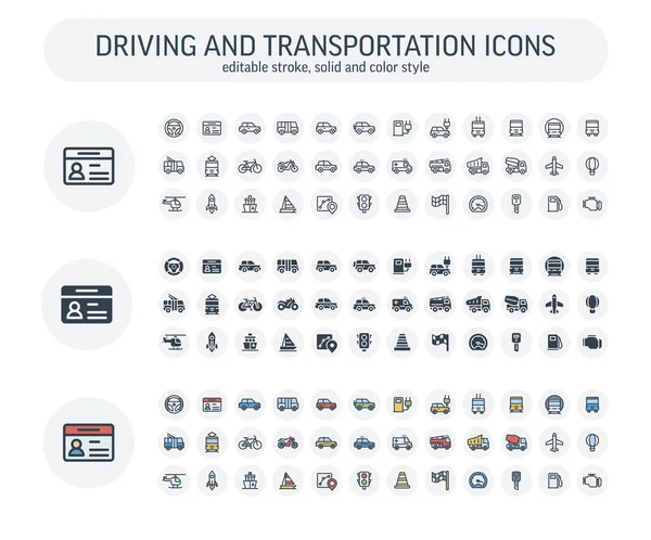 Vector Carrera editable, sólido, iconos de estilo de color conjunto con el transporte, símbolos de contorno de navegación. — Archivo Imágenes Vectoriales