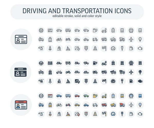 Vektor Upravitelný tah, pevné, barevné ikony nastavené s transportem, navigační obrysové symboly. — Stockový vektor