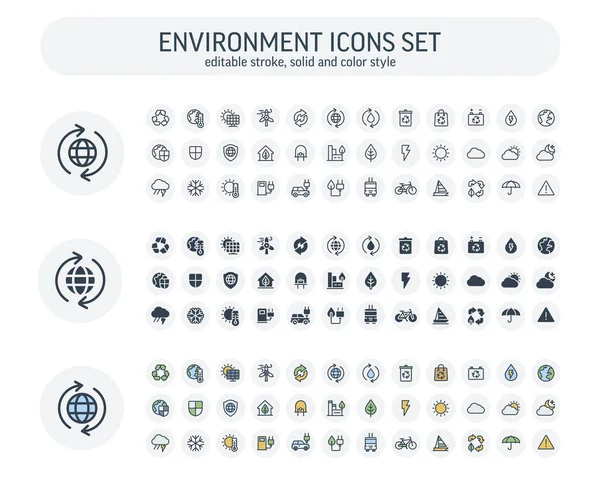 Vector Bewerkbare slag, solide, kleur stijl pictogrammen ingesteld met milieu-en ecologie schema symbolen — Stockvector