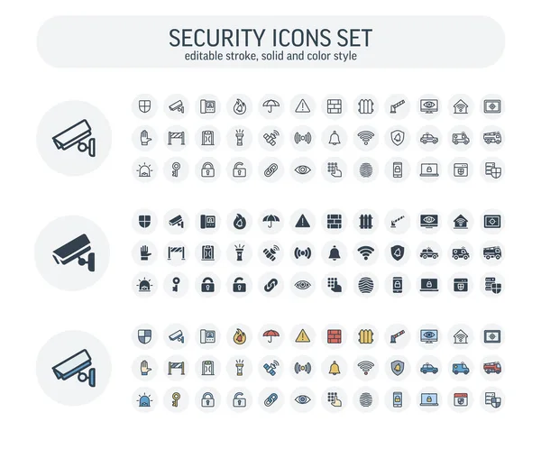 Vector Editable stroke, solid, color style icons set with security, cyber safety outline symbols — Stock Vector