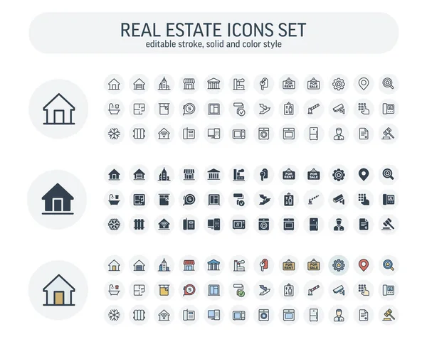 Vector Bewerkbare slag, massief, kleurstijl pictogrammen set met onroerend goed overzicht symbolen. — Stockvector