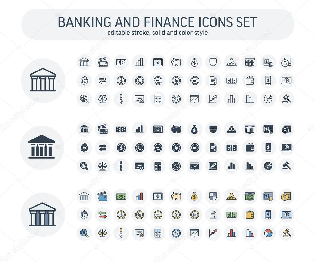 Vector Editable stroke, solid, color style icons set with banking and finance outline symbols.