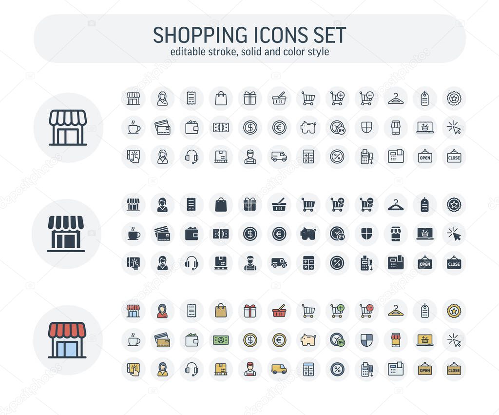 Vector Editable stroke, solid, color style icons set with shopping and e-commerce outline symbols.
