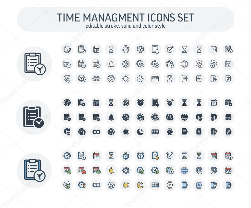 Vector Editable stroke, solid, color style icons set with date and time outline symbols.