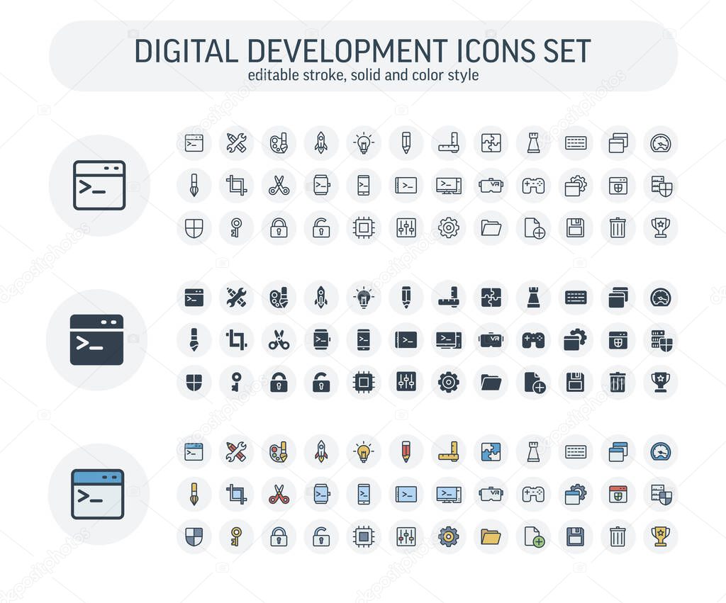 Vector Editable stroke, solid, color style icons set with digital development outline symbols