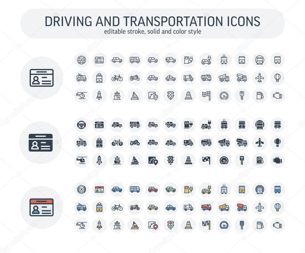 Vector Editable stroke, solid, color style icons set with transport, navigation outline symbols.