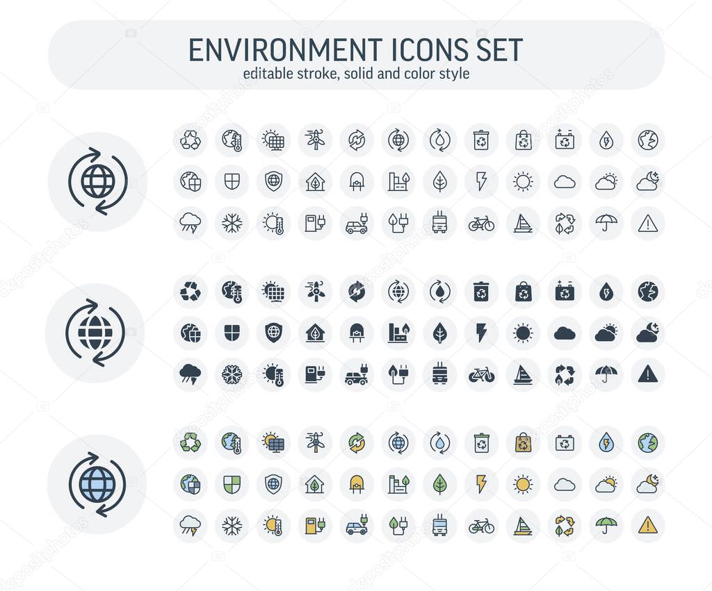 Vector Editable stroke, solid, color style icons set with environmental and ecology outline symbols