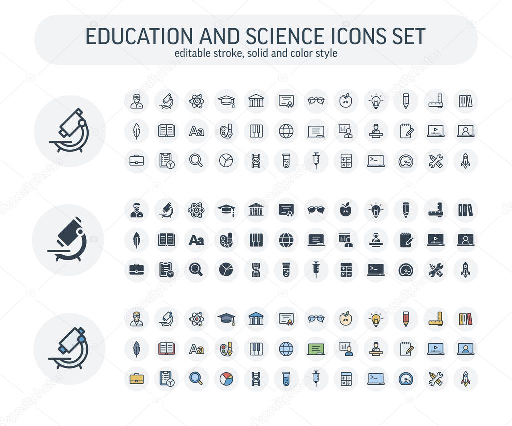 Vector Editable stroke, solid, color style icons set with education, science and laboratory research outline symbols