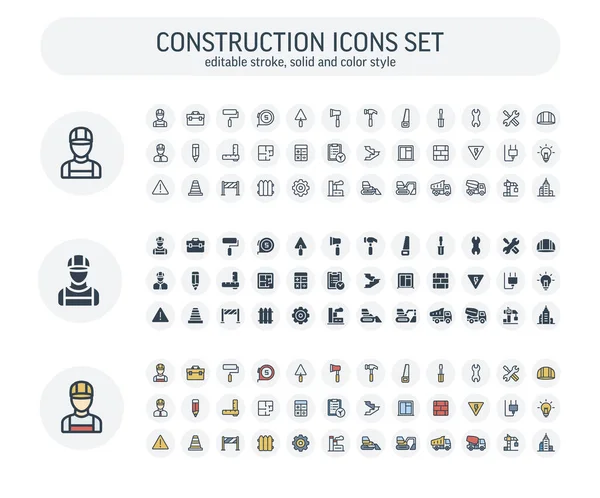 Vector Editable stroke, solid, color style icons set with construction, industrial, architectural, engineering outline symbols — Stock Vector