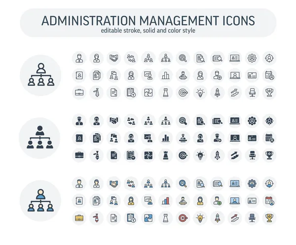 Vector Editable stroke, solid, color style icons set business and administration management outline symbols. — Stock Vector