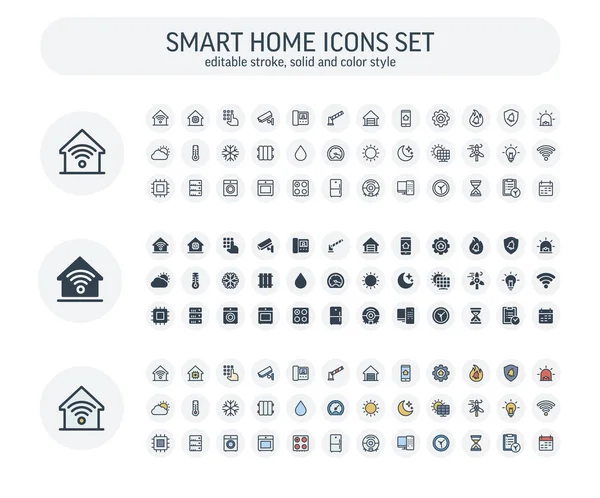 Vector Bewerkbare slag, solide, kleur stijl pictogrammen ingesteld met huis, smart house outline symbolen — Stockvector
