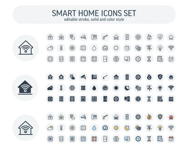 Corsa modificabile vettoriale, solido, icone in stile colore impostato con la casa, smart house contorno simboli — Vettoriale Stock