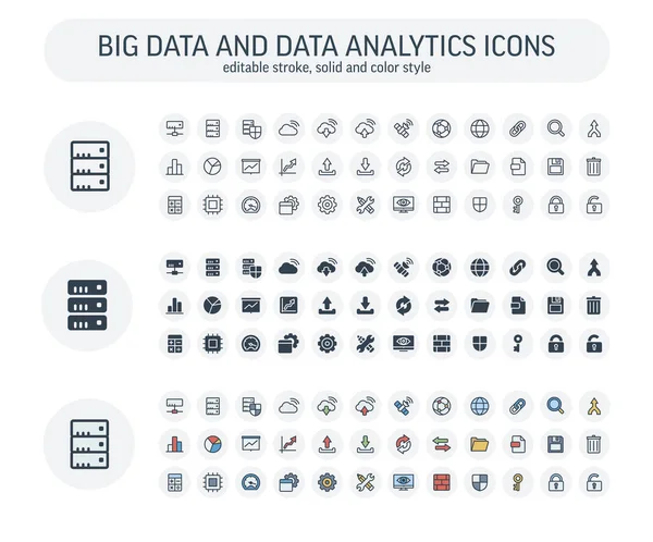 Vector Carrera editable, sólido, iconos de estilo de color conjunto con big data y la tecnología de análisis esbozar símbolos — Archivo Imágenes Vectoriales