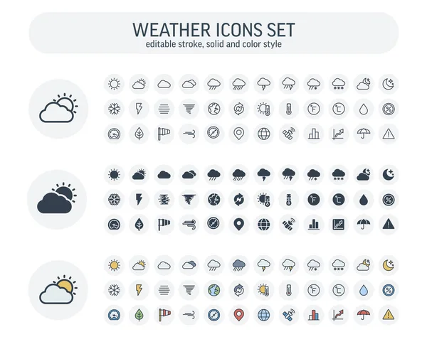 Vector Editable stroke, solid, color style icons set with weather and meteo outline symbols. — Stock Vector