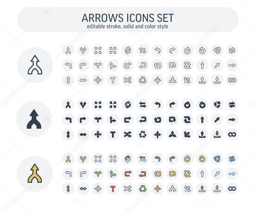 Vector Editable stroke, solid, color style icons set with arrows, direction and move outline flat symbols.