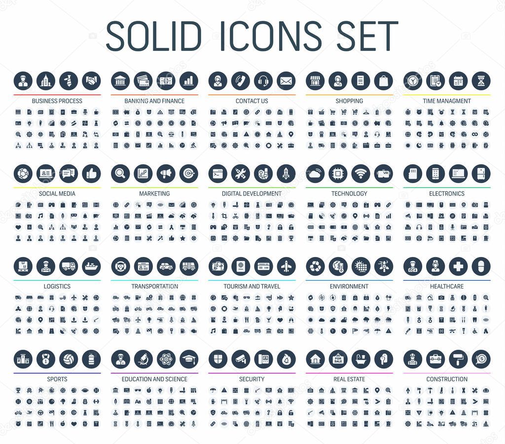 Vector illustration of solid web icons. Flat symbols set