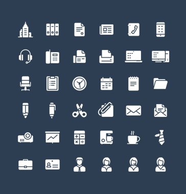 İş ve ofis araçları düz sembolleri ile katı vektör simgeleri belirlendi