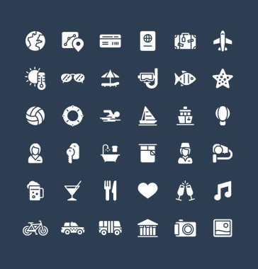 Seyahat ve turizm sembolleri içeren katı simgeler. Yaz tatili, otel odası servisi, bavul, güneş gözlüğü lineer resim.