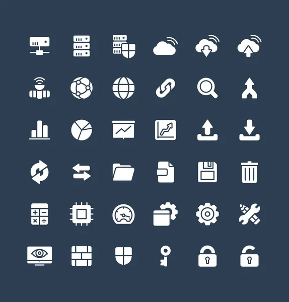 Vector solid icons set with big data and analytics technology flat symbols — Stock Vector