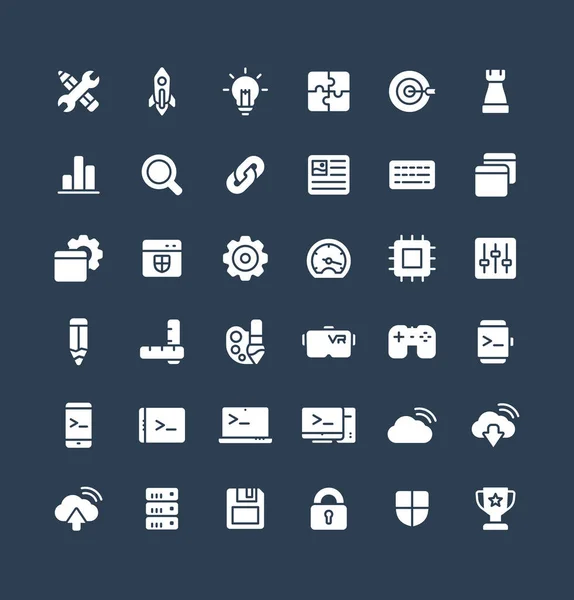 Conjunto de iconos sólidos vectoriales con símbolos planos de desarrollo digital — Vector de stock