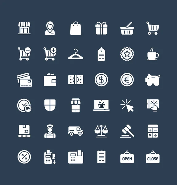 Vector Solid Icons Set mit flachen Shopping und E-Commerce Symbolen. — Stockvektor