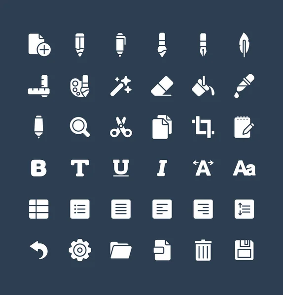 Набор векторных твердотельных иконок и элементы графического дизайна. Иллюстрация с текстовым редактором, графические инструменты плоские символы — стоковый вектор
